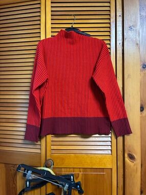Tahari Red Ribbed Mock Neck Sweater with Burgundy Trim length 25”pit to pit 23”